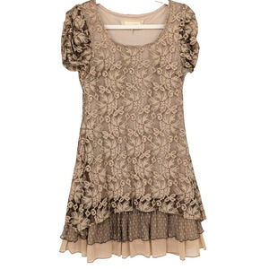 Brown Sheer Lace Forest Fairy Cottage Coquette Boho Layered Ruffle Mini Dress SM